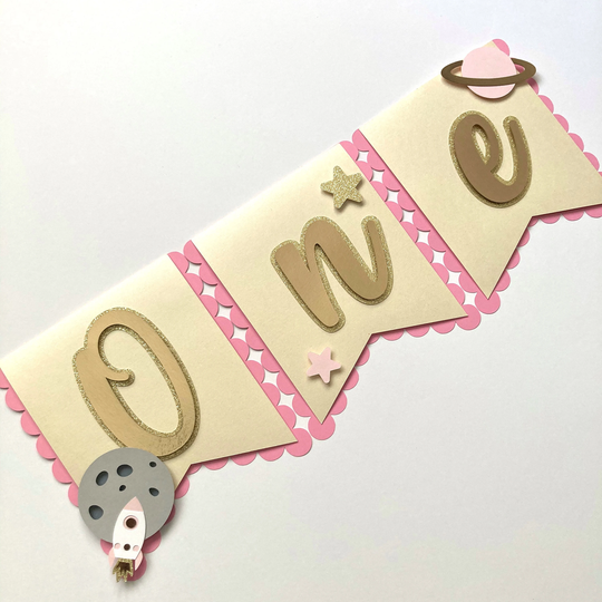 Outer Space Pink High Chair Banner, Moon Birthday Decor, Planet Banner