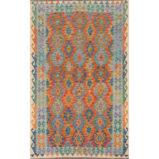 Geometric Multi-Color Kilim Rug Flatweave Reversible Wool Carpet - 5'6"x8'0"