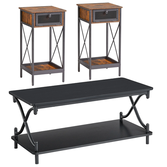 3-Pieces Industrial Coffee Table, Sofa Table and Nightstands Set of 2
