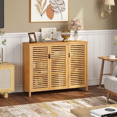 Buffet Cabinet, Sideboard With 3 Louvered Doors,bamboo Bathroom Storage Cabinet,multifunctional Kitchen Cabinet, Dining Room Standing Cabinet Entry Ha