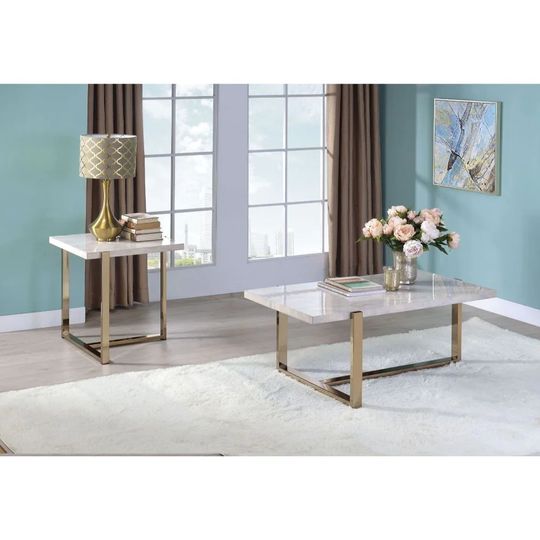 Q-Max Faux Marble Finish Champagne Gold "T" Shaped Base End Table