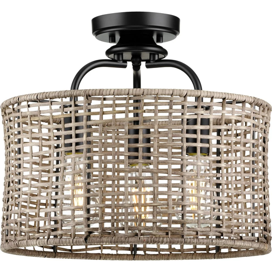 Lavelle Collection 3-Light Rattan Black Semi-Flush Mount Ceiling Light - 15.625 in x 15.625 in x 14.375 in