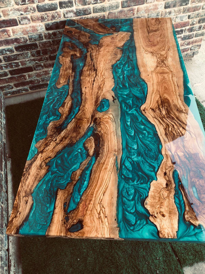 Teal Color River Epoxy Table, Custom Resin Live Edge, Kitchen Dining Table Top, Made By Elawoodshop