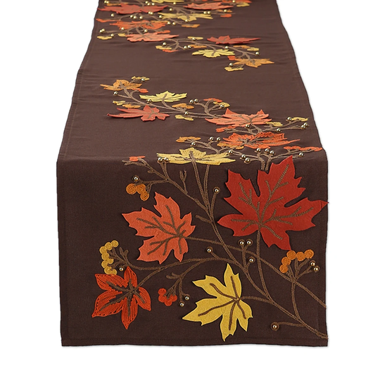 70" Brown Falling Leaves Embroidered Table Runner