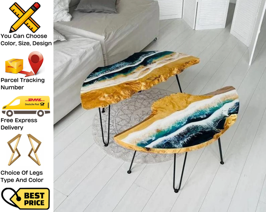 Custom Ocean Table, Live Edge Epoxy Dining Living Room Decor, Wood Side Tables, Unique Coffee Table