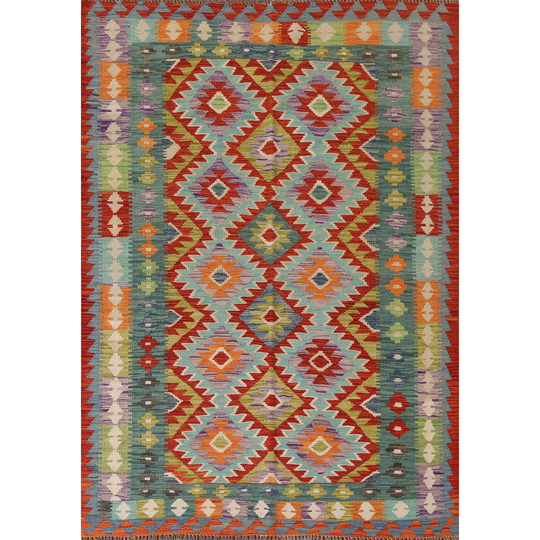 Colorful Geometric Kilim Oriental Area Rug Flat-weave Wool Carpet - 5'0" x 6'10"