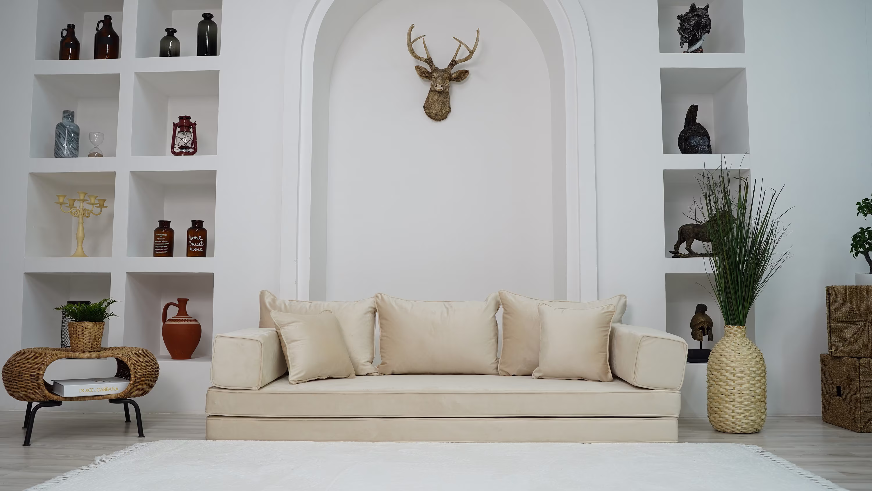 8" Thickness Meditation Sofas, Velvet Beige Color, Customizable Cushion, Sectional Sofa, Modern Livingroom Window Seat, Floor Couches