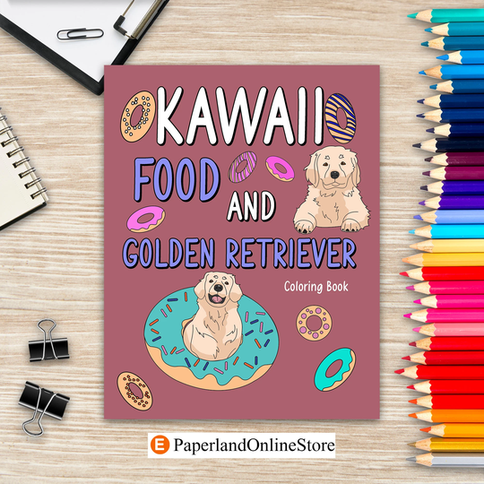 Kawaii Food & Golden Retriever Coloring Book, Adult Pages, Painting Menu Recipes Zoo Animal Pictures, Gift For Dog Lover