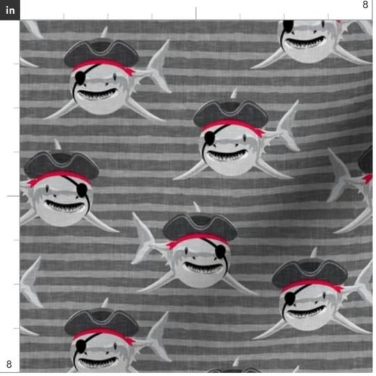 Pirate Sharks On Grey Stripes | Fabric By The Yard Shark Ocean Sea Nautical Octopus Pirates Custom