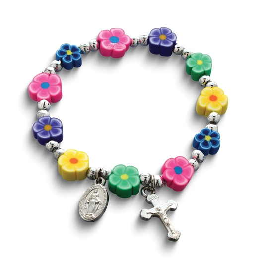 Curata Silver-Tone and Multi-Color Miraculous Medal and Crucifix Rosary Bracelet