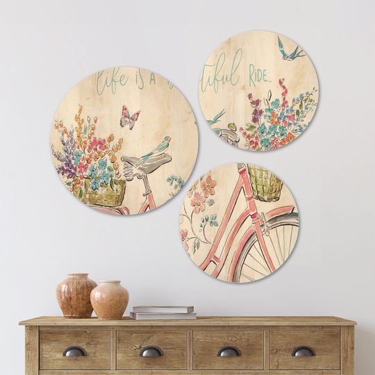 Designart 'Spring Bike Bouquet' French Country Wood Wall Art Set of 3 Circles - Multi-Color