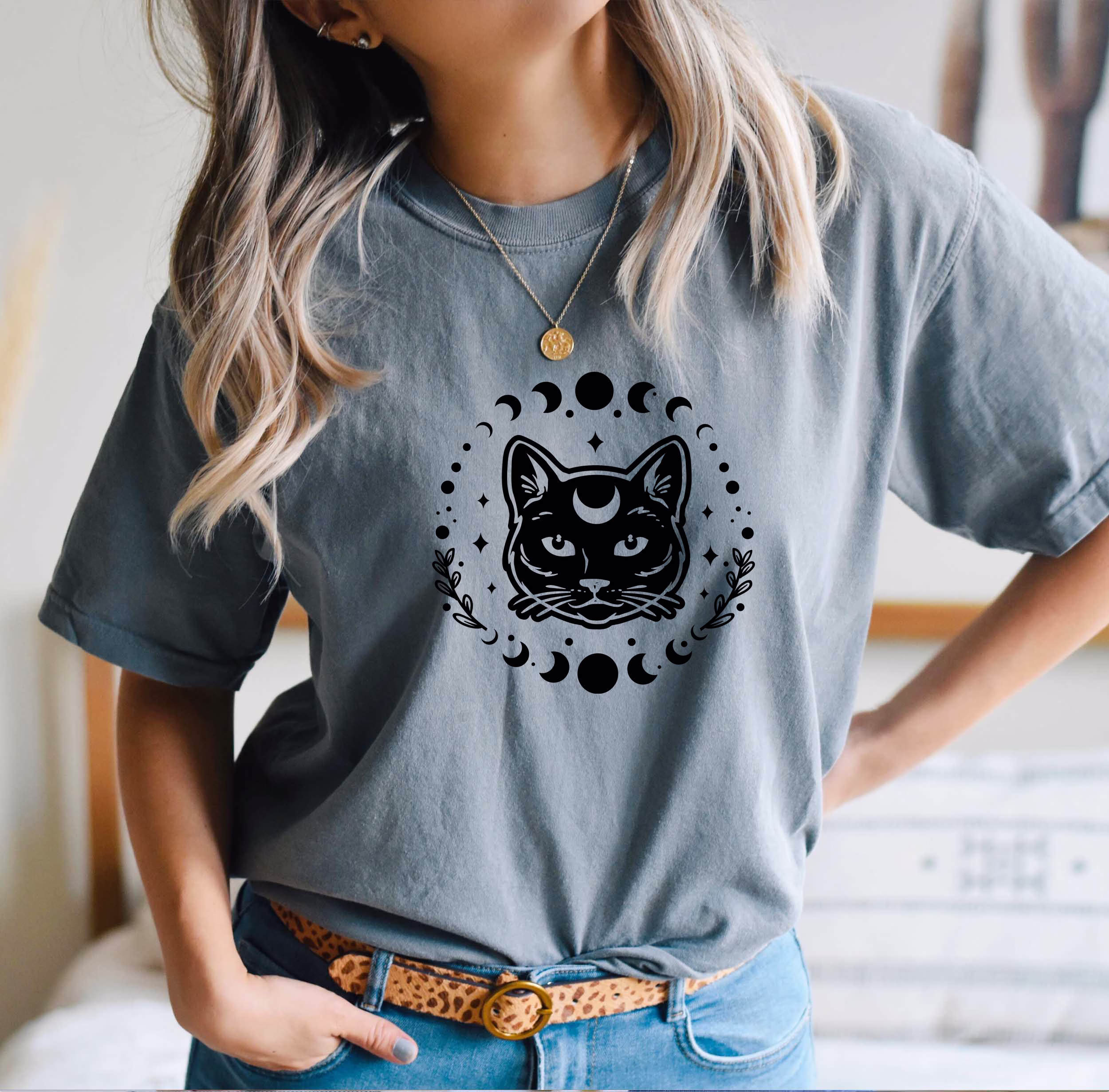 Comfort Colors Celestial Cat Shirt, & Moon Boho Oversized T-Shirt, Comfy Cat, Gift