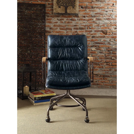 Vintage Industrial Style Channel-Seamed Vintage Top Grain Leather Swivel Office Chair with Metal Base and Wooden Armrest