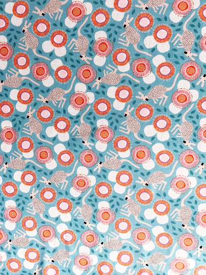 Baby Wallaby & Gum Flower Blossom Blue Quilting Cotton Fabric By 1/2 Yard, Fat Quarter Fabric, Australian Wild Bush Animal