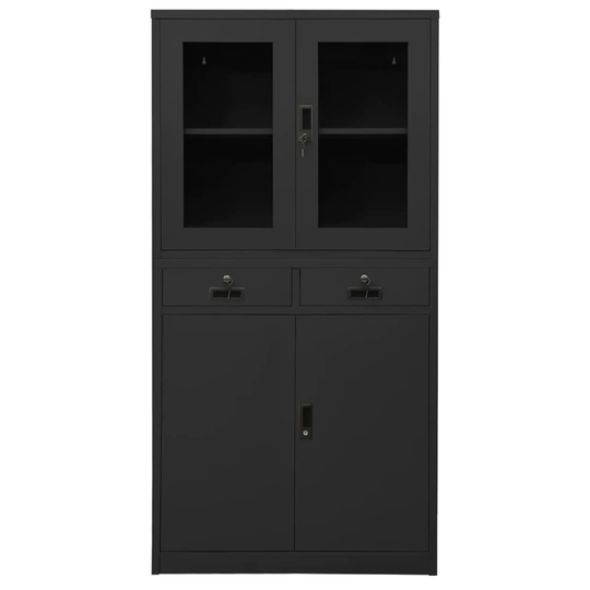 Office Cabinet Steel Frame and Tempered Glass Door Drawer Anthracite