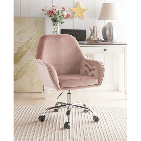 Contemporary Swivel Seat and Adjustable Height Office Chair Velvet Padded Sloped Arm Chair with Chrome Metal Base and Casters