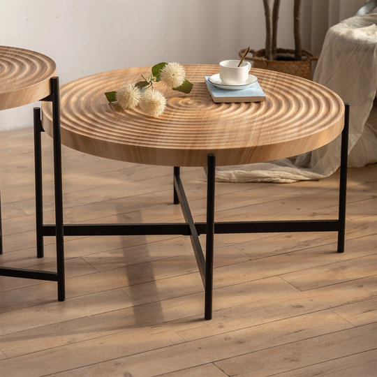 33" Thread Round Coffee Table, MDF Table Top w/ Cross Legs Metal Base