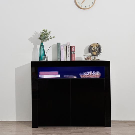 Sideboard Storage Cabinet Black High Gloss with LED Light, M