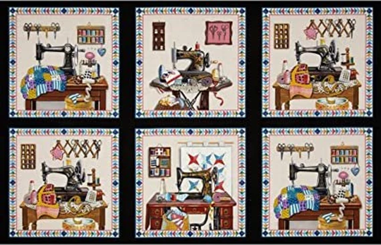 A Stitch in Time Panel From Elizabeth's Studio. Panel Features 6 Nostalgic Sewing Machine Blocks. 3326Black