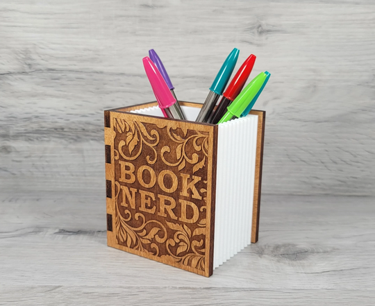 Book Nerd Pen/Pencil/Bookmark Holder - Engraved Wood, Golden Oak Stained Cover | White Pages Center Piece Is 3D Printed