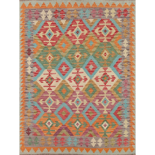 Colorful Kilim Rug Reversible Flat-weave Wool Geometric Carpet - 5'2" x 6'3"