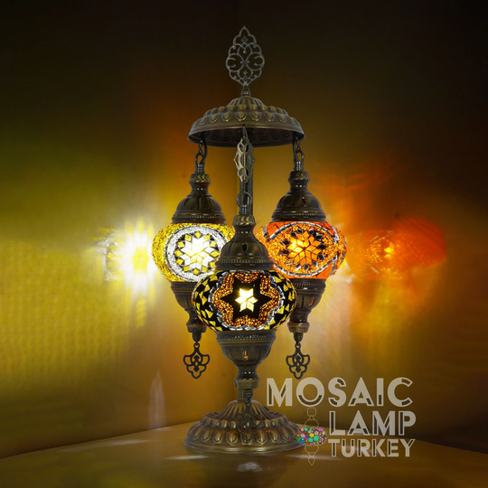 3 Globes Colorful Mosaic Lamp, Stained Glass Table Turkish Desk Living Room Lamp