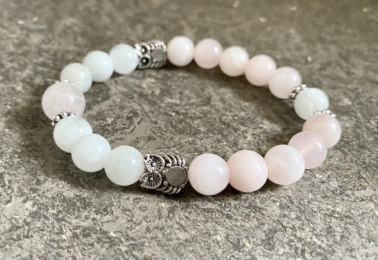 Owl Moonstone Rose Quartz Beaded Bracelet, Bracelet, Jewelry, Crystal Affirmation Love Bracelet