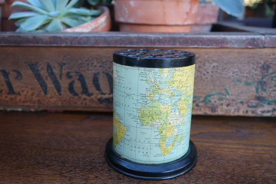 Vintage Metal Tin Pencil Holder Desktop World Map, Made in Japan, Travel Decor 1960S