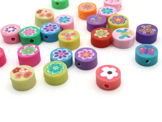 25 10mm Mixed Color Flower Beads Polymer Clay Multi-Color Coin Disc Jewelry Making Beading Supplies