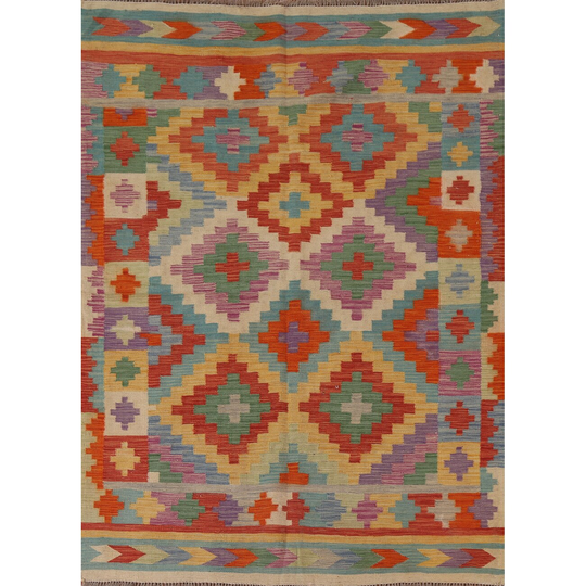 Colorful Geometric Kilim Oriental Area Rug Hand-woven Wool Carpet - 4'10"x 6'7"