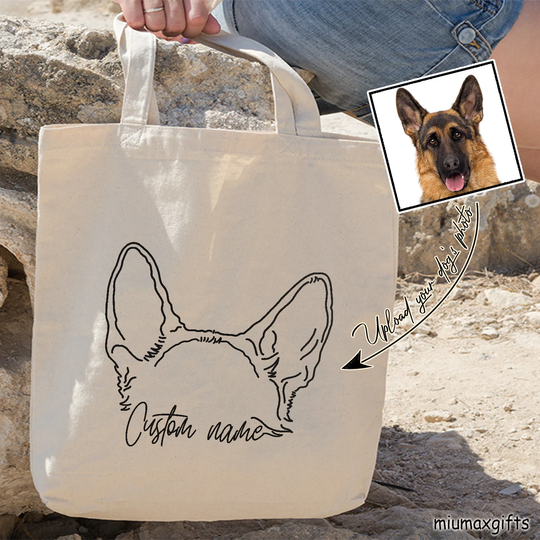 Custom Dog Ears Outline Tote Bag, Germany Shepherd Line Art Drawing Minimalist Bag