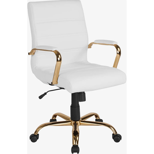 Galaxy Mid-Back Horizontal Stitching White Leather Executive Adjustable Swivel Office Chair with Gold Frame