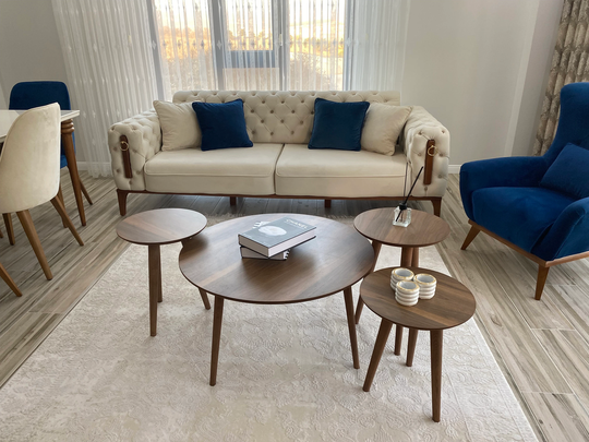 White/Walnut Wooden Round Coffee Table Set, Modern Table, Rustic Large With Laser Engraving