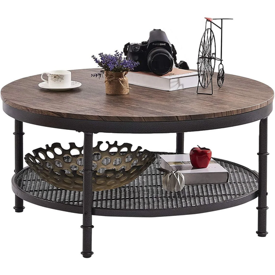 Coffee Table Round Small Industrial 2-Tier Coffee Table with Storage for Living Room, Dark Walnut
