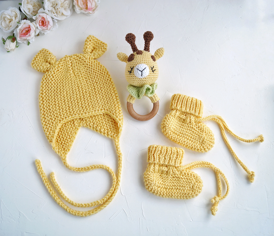 Gender Neutral Baby Gift With A Giraffe Crochet Rattle, Hand Knitted Hat & Booties, Unisex Safari Shower Set