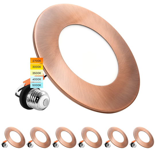 Luxrite 6-Pack 4" LED Recessed Light, 5 Color Selectable, Magnetic Trim, Dimmable, 500 LM, Wet Rated - Copper