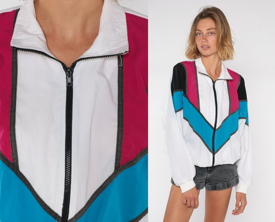 Color Block Windbreaker 80S 90S White Blue Pink Black Striped Warmup Jacket Vintage Zip Up Retro Athleisure 1980S Sportswear Extra Large Xl