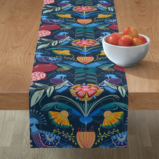 Crowned Pigeon Table Runner - Pomegranate Grove By Landmink Maximalist Folk Art Style Cotton Sateen Spoonflower