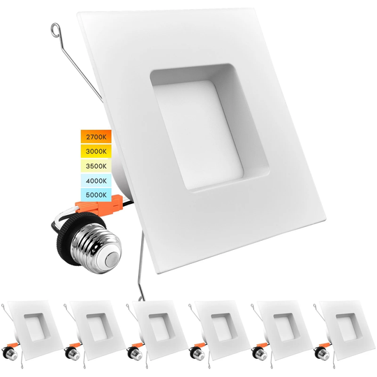 Luxrite 5/6" LED Square Recessed Lighting 5 Color Selectable 2700K, 3000K, 3500K, 4000K, 5000K Dimmable 6 Pack