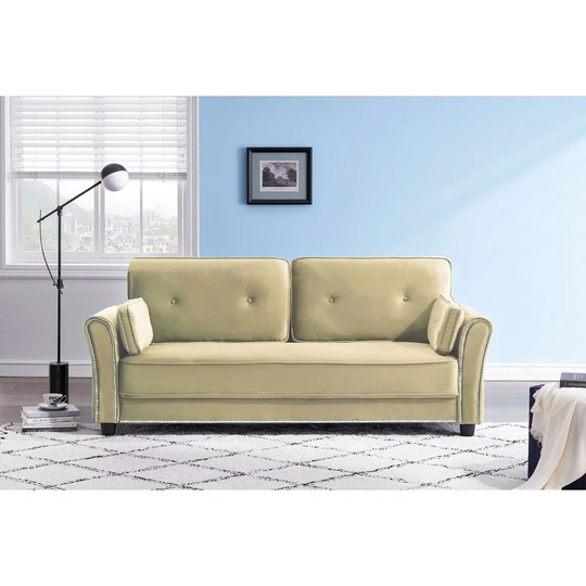 79"Beige Velvet Living Room Apartment Sofa Sofa Armrest with Nail Head Trim Backrest with Buttons Back & Includes Two Pillows