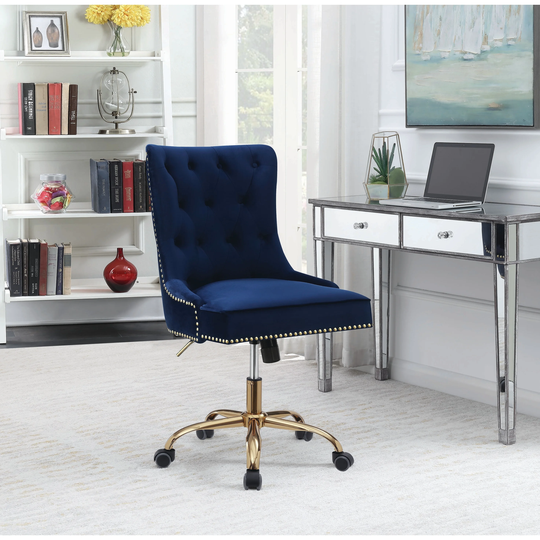 Blue and Brass Upholstered Swivel Office Chair