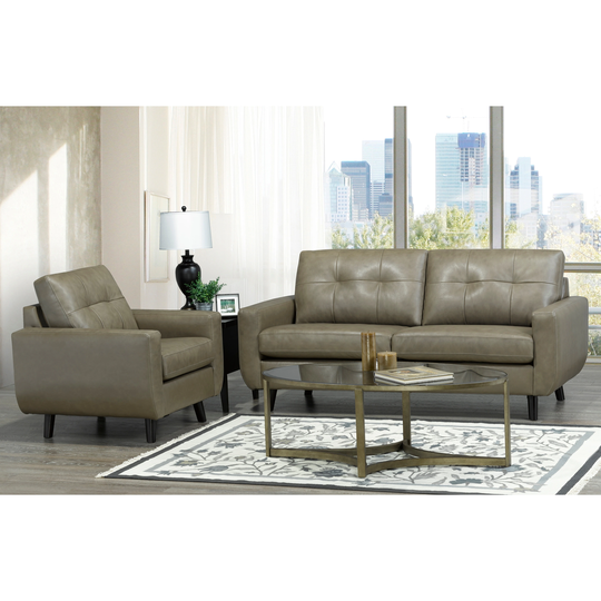 Maisie Mid Century Modern Moss Green/Grey Top Grain Italian Leather Tufted Sofa and Chair