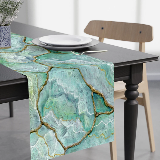 Celadon Jade Green Geode Table Runner, Agate Slice Decorative Polyester Decor, Boho Kitchen