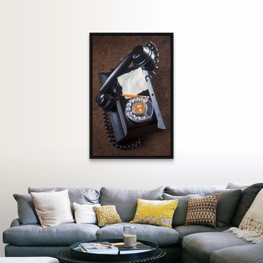 "antique telephone with a piece of paper and pencil" Black Float Frame Canvas Art