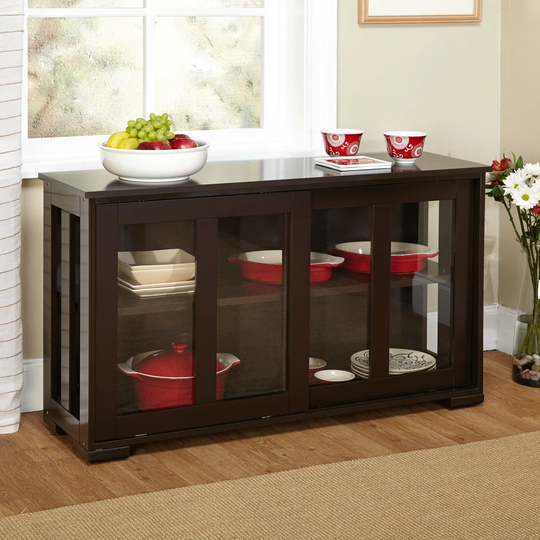 Espresso Sideboard Buffet Dining Kitchen Cabinet with 2 Glass Sliding Doors - Pictured