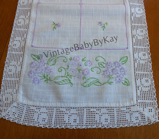 Lavender Purple Green Table Runner Hand Embroidered Flowers With Wide Lace Trim, Vintage White Cotton Linens Party Holiday 13" X 40"
