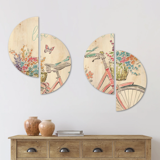 Designart 'Spring Bike Bouquet' French Country Wood Wall Art Set of 4 Half Circles - Multi-Color