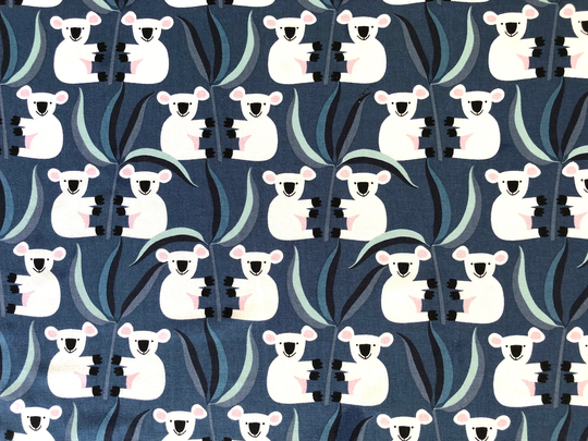 Twin Koalas & Eucalyptus Leaves Blue Floral Quilting Cotton Fabric By 1/4, 1/2 Yard Or Fat Quarter, Australian Bush Wild Animal