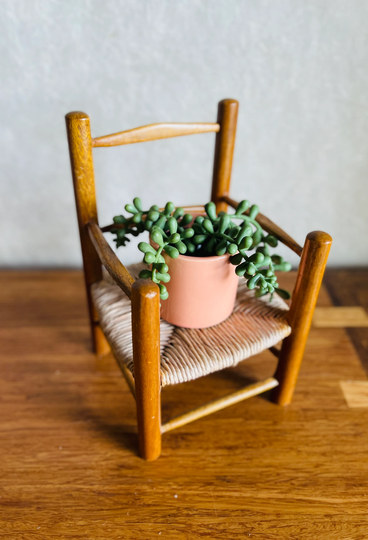Miniature Chair Bench With Raffia Seat, Doll House Furniture, Mini Plant Stand