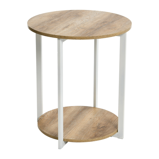 Round End Table, Coastal Oak End Table with Storage Shelf, White Metal and Wood Laminate, Stylish and Contemporary